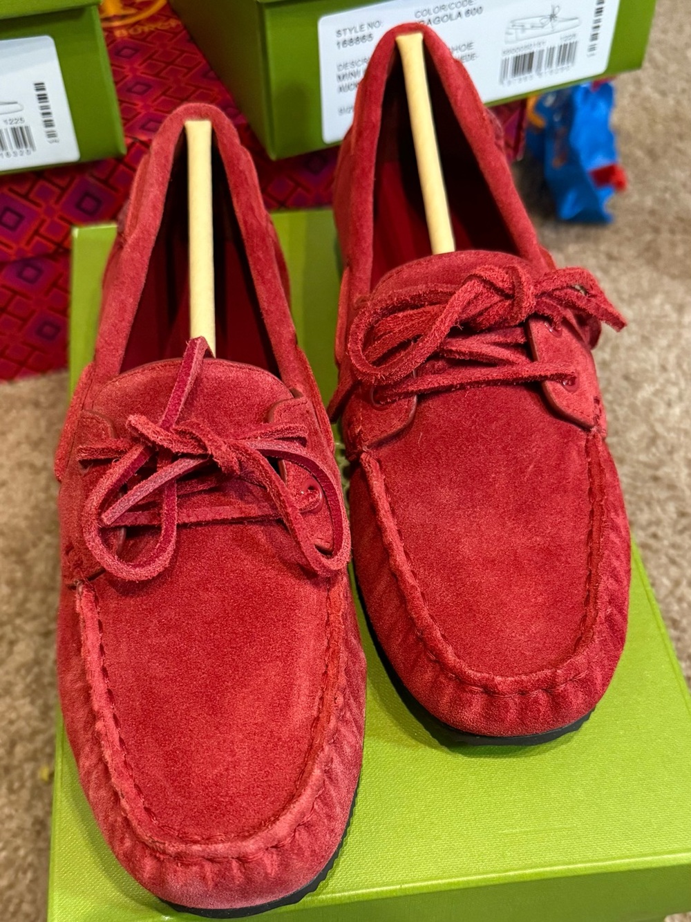 Red Suede Moccasin Loafers with Bow Tie